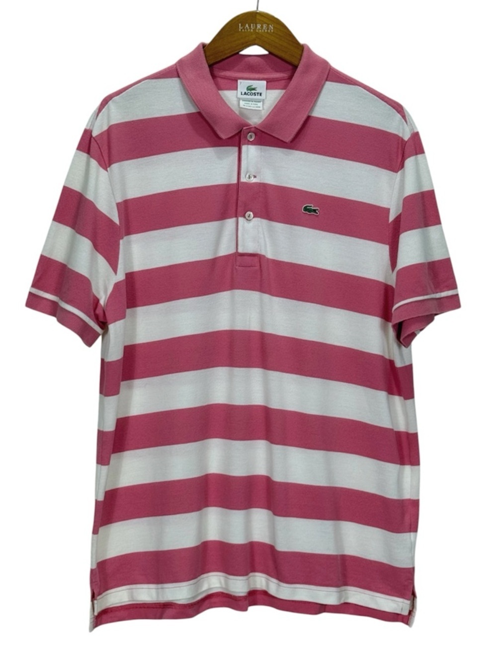 Lacoste Pink White Striped Polo Shirt Mens Size 7 Large XL Cotton Classic Fit